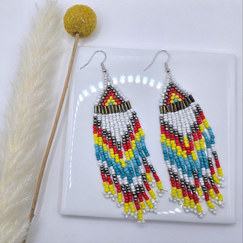 Colorful Chandelier Rice Bead Dangle Earrings Native American Bohemian Western